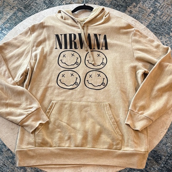 NIRVANA Tops - NIRVANA size XL Beige Hoodie with Iconic Smiley Design